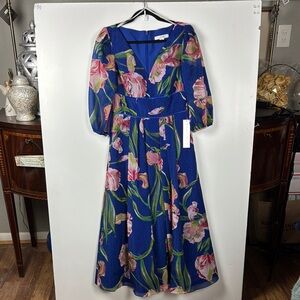 Kay Unger Midi Blue Floral 3/4 sleeves NWT Sz 6 Dress